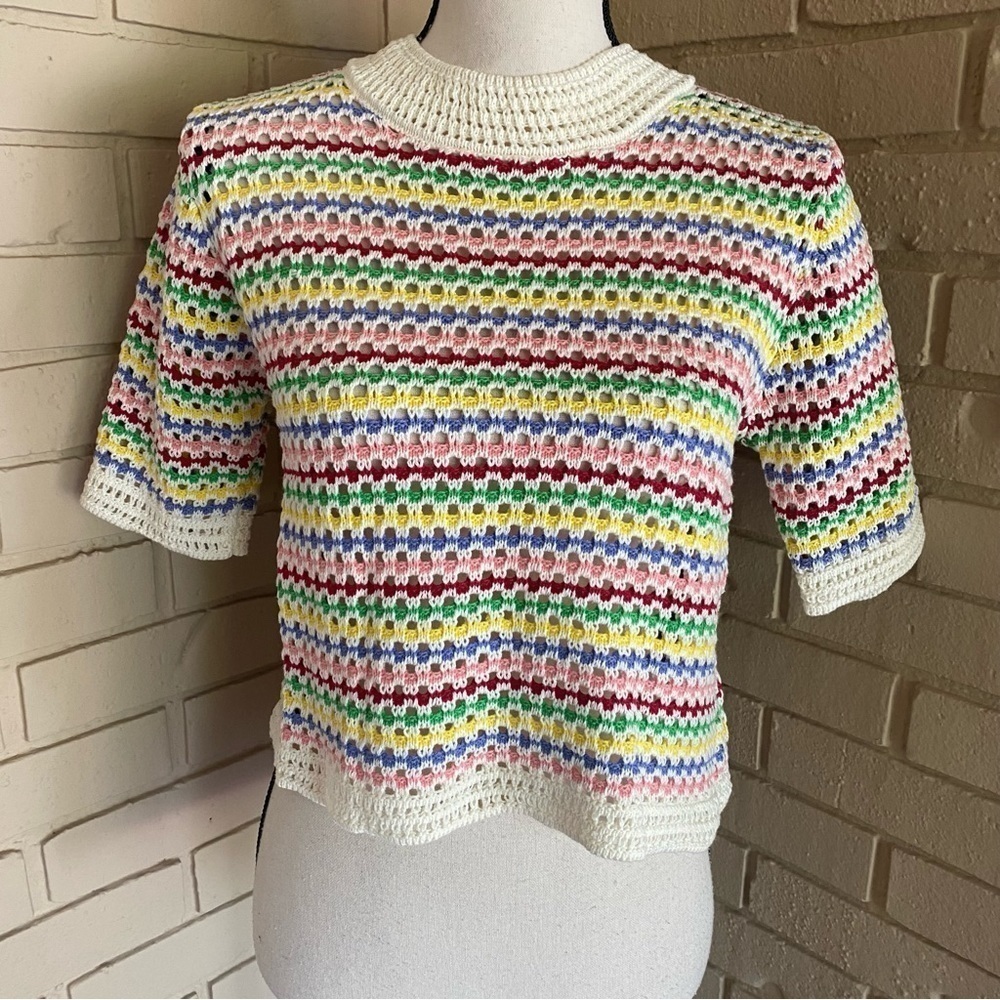 8 Birdies NEW Rainbow Open Weave Crocheted Retro Sweater Pride NWT Medium M